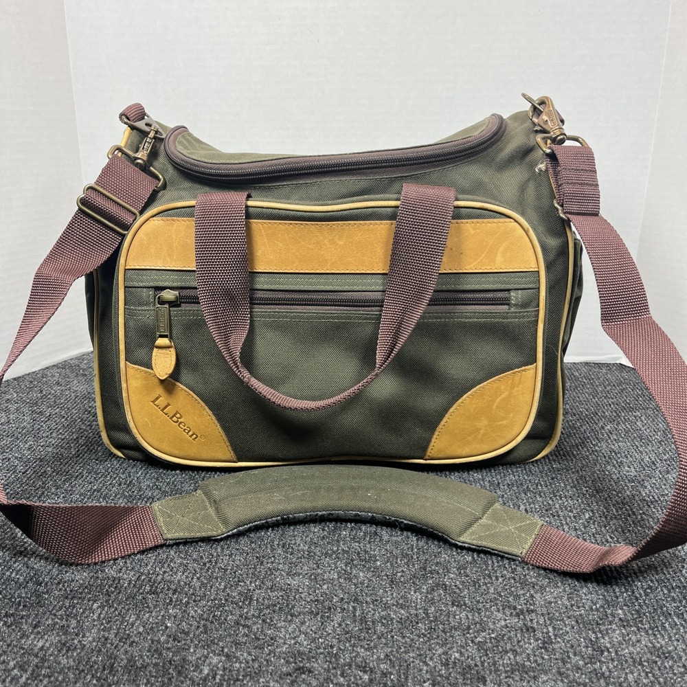 Vintage LL Bean 16"  Nylon Travel Carry On Bag w\ Leather Trim Green 90s READ